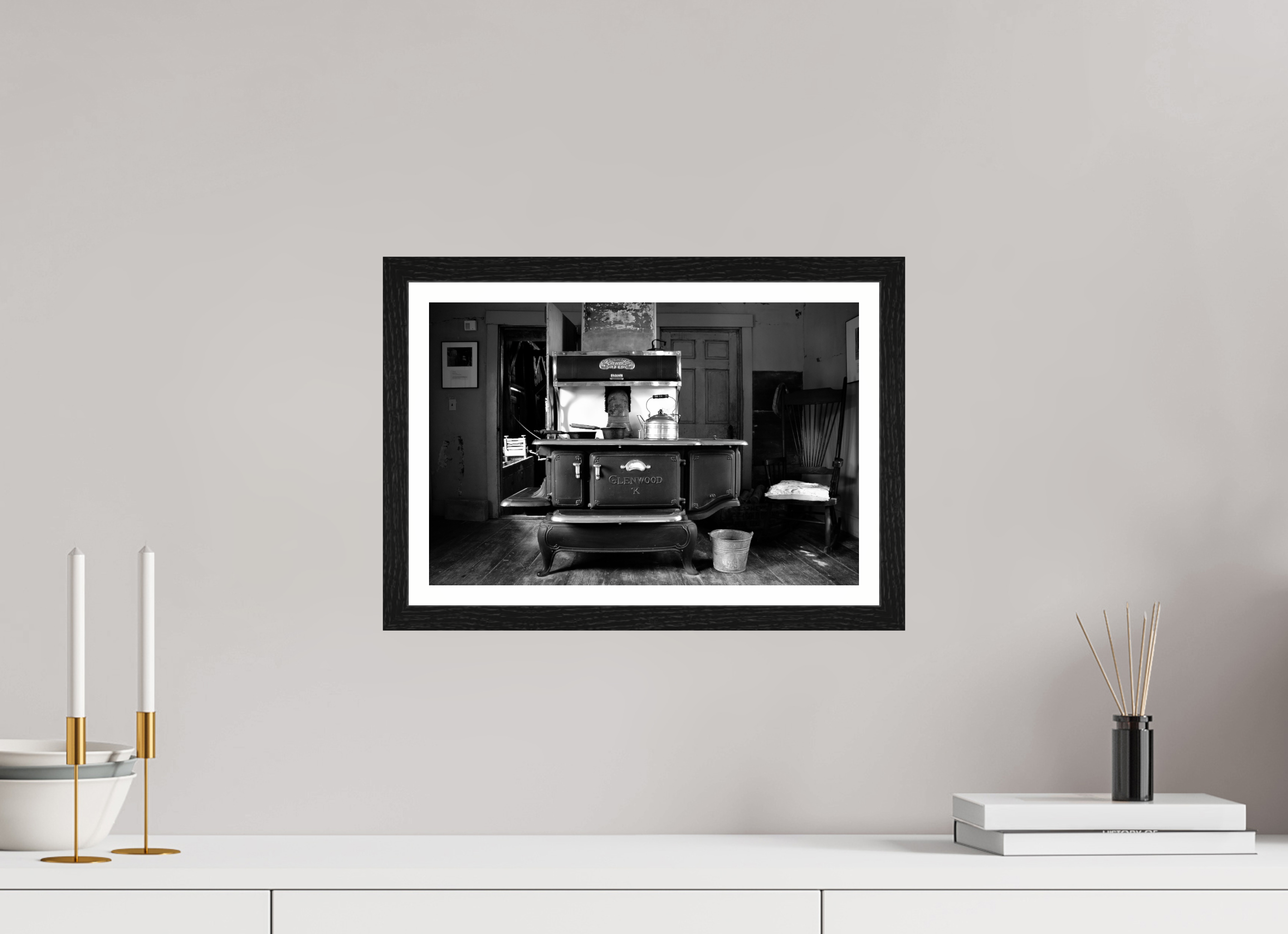 15 x 10″, Black Oak Frame Glenwood Stove